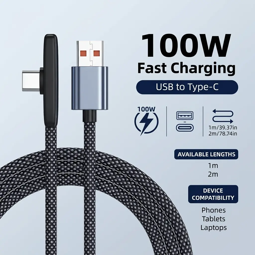 100W Fast Charging 90-Degree Elbow USB Type-C Mobile Device Cable - Supports Data Transmission, Compatible with iPhone, Samsung, OPPO, Xiaomi, OnePlus - USB-C Charging Solution Accessory