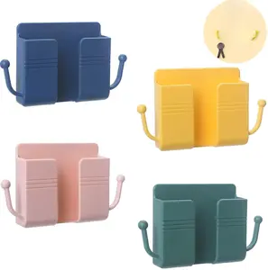4Pcs Wall Mount Phone Holder Adhesive ABS Plastic Charging Stand for Bedroom Kitchen Bathroom Office Multipurpose Socket Pocket Universal Storage Box with Hooks
