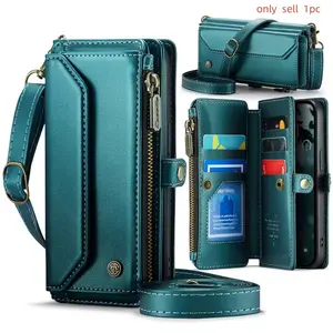 For iPhone 17e 16e 17 Pro max 16 15 14 13 Crossbody Wallet Case RFID Blocking PU Leather Magnetic Flip Cover 7 Card Holder Zipper Pocket Shoulder Strap