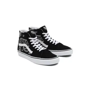 VANS Sk8 Hi Peace Paisley Black High Top Sneakers with Suede Canvas Uppers Paisley Print Lace-Up Closure Reinforced Toe Caps