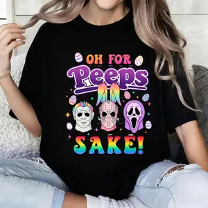 Halloween Easter Mashup T-Shirt| Oh For Peeps Sake Horror Icons Rainbow Tee for Spring Fright Festivals & Easter Celebrations