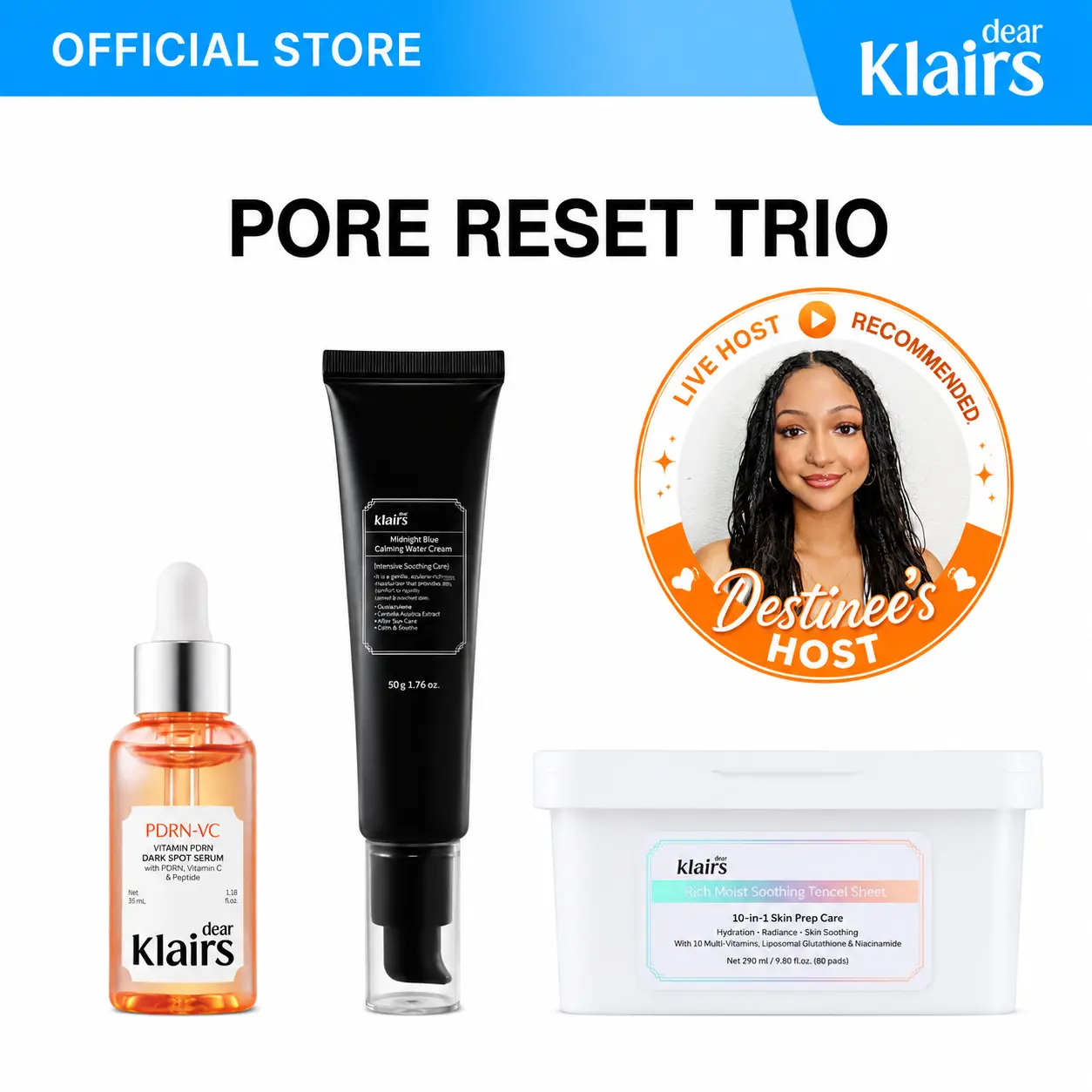 [Dear Klairs Official] Destinee's Pore Reset Trio [Esthetician's Choice] | Host's Choice Bundle: Midnight Blue Water Gel Cream & Vitamin PDRN Bouncy Pore Serum & Vitamin Skin Prep Toner Pads | Hydration, Skin Barrier, Brightening, Pore Tightening