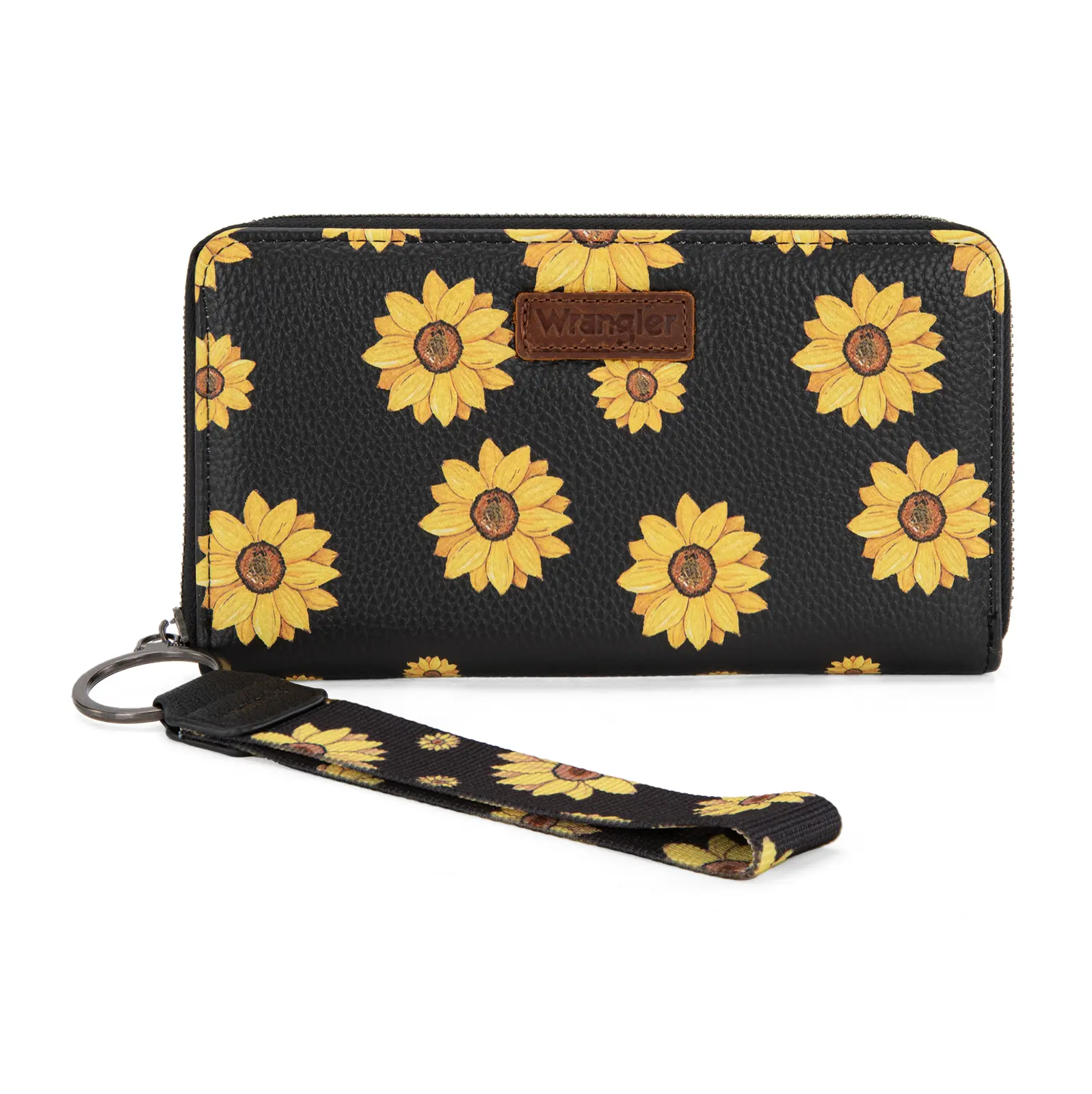 Wrangler Sunflower Print PU Leather Wallet for Women with Zipper Closure 3 Compartments 9 Card Slots RFID Protection Removable Strap
