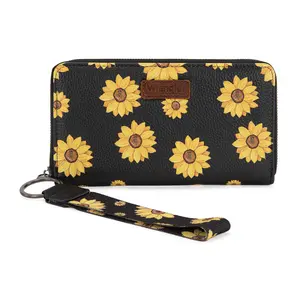Wrangler Sunflower Print PU Leather Wallet for Women with Zipper Closure 3 Compartments 9 Card Slots RFID Protection Removable Strap
