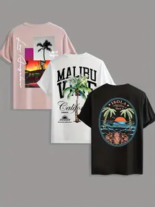 3-Pack Plus Size Men's California Beach Tropical Print T-Shirt Set, Summer Street Style, Three Colors, Los Angeles/malibu Palm Tree Print, Casual Vacation Top