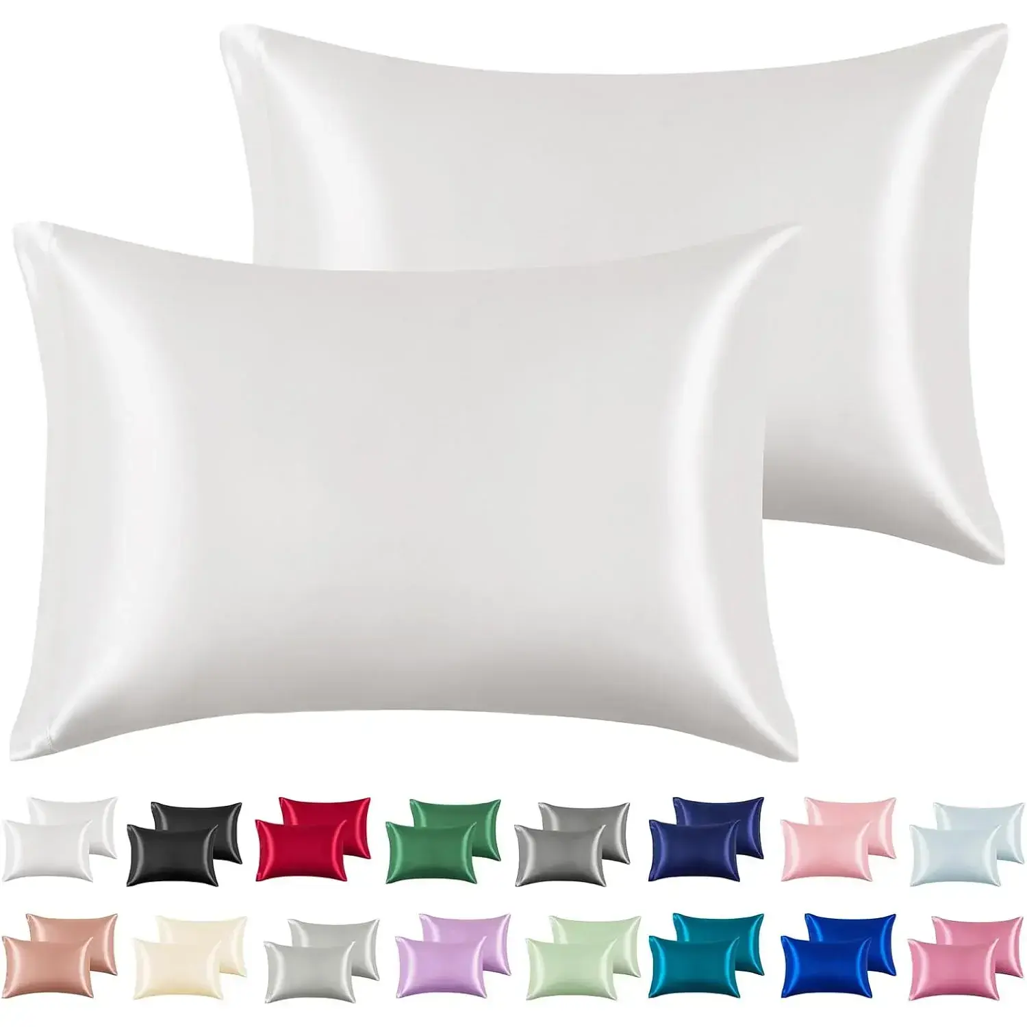 Silky Satin Bedding Pillowcases, 2-Pack Standard Size (20x26 in) Solid White Cooling Soft Pillowcases with Envelope Closure, Perfect Seam, Quality Stitching for Hair and Skin, Gift for Women, Two-Pack