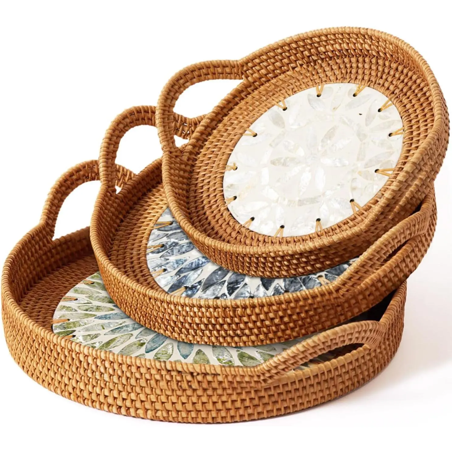3 Handwoven Eco-Friendly Rattan Wicker Basket Trays with Sturdy Mother-of-Pearl Inlay - 3 Sizes (10.7"d x 2.4"h), Boho Pattern, Handles, Wear-Resistant, Breathable Base, Kitchen Organizer, Food Serving Tray Set, Mother's Day Gift