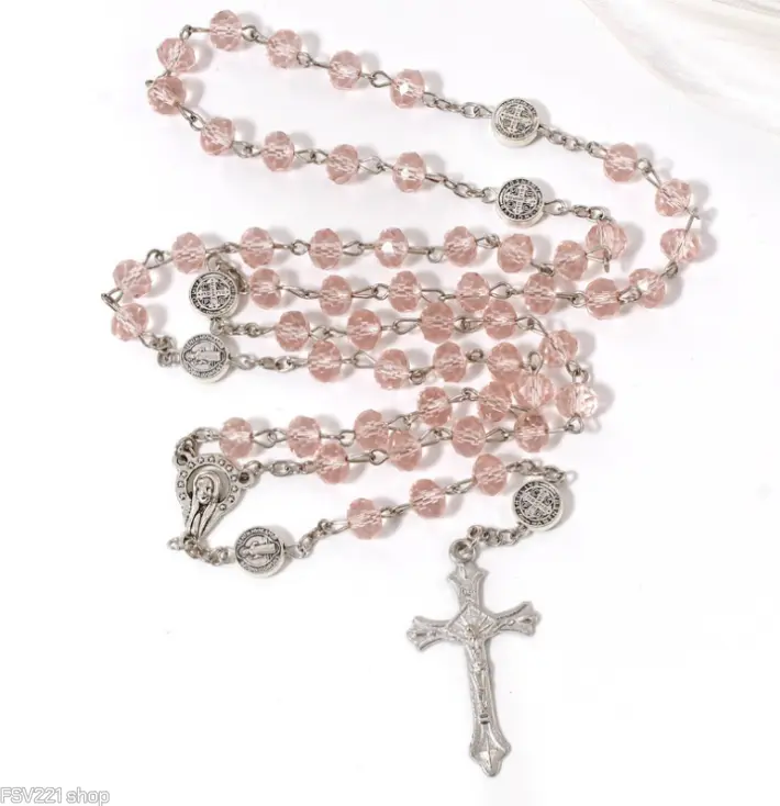 Rosary Beads Cross Necklace for Women Pink Clear Crystal Prayer Chain Vintage Y2K Stylish Religious Pendant Jewelry for Daily Layering Wear campingessentials