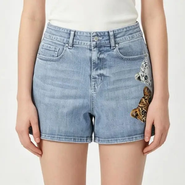 Light Wash High Waist Two Realistic Leopard & Snow Leopard Head Graphic Print Denim Shorts Women Edgy Retro Casual Summer Jeans Shorts, All Patterns Are Printed Design