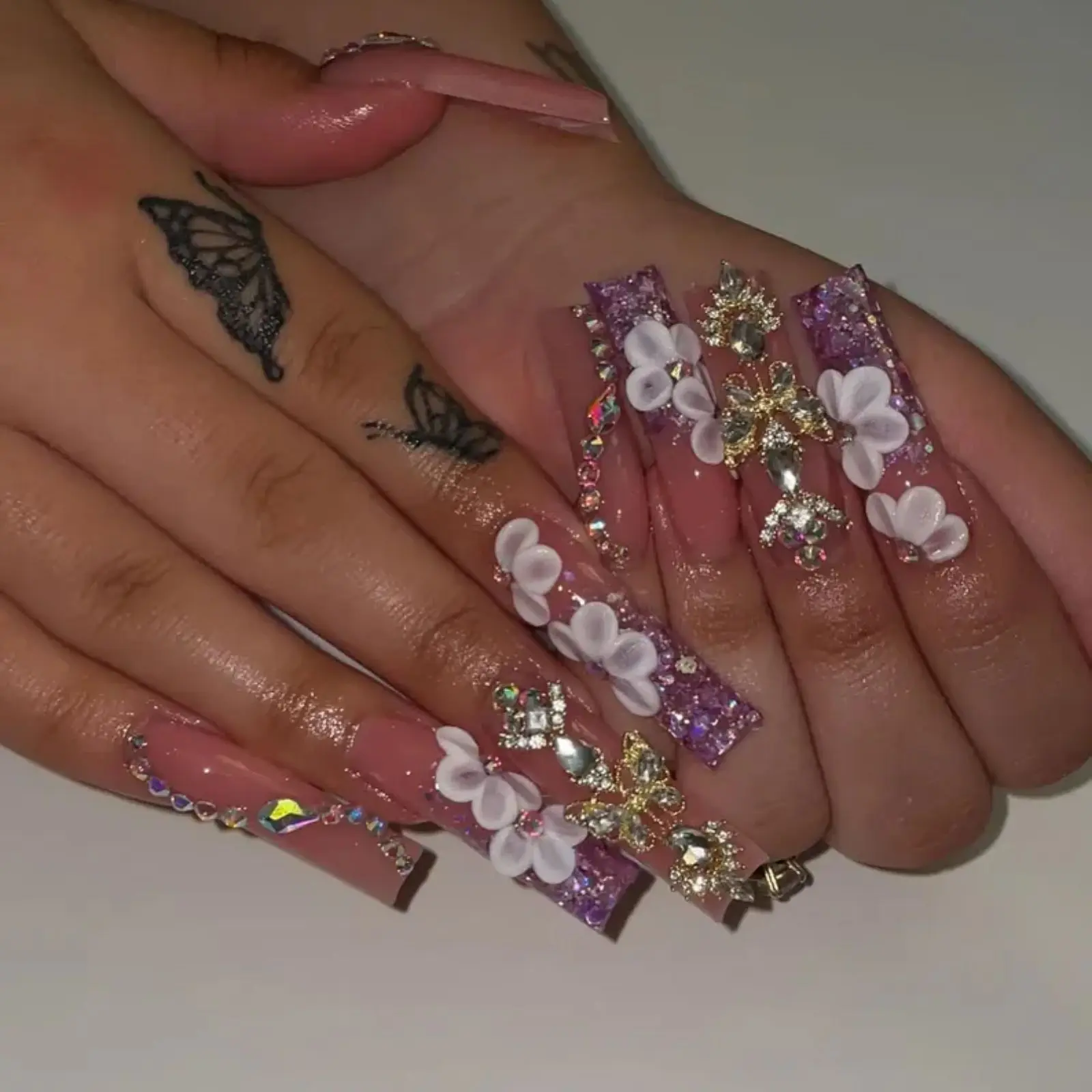 Luxury Pink Glitter Butterfly & 3D Flower Long Coffin Press On Nails with Rhinestones