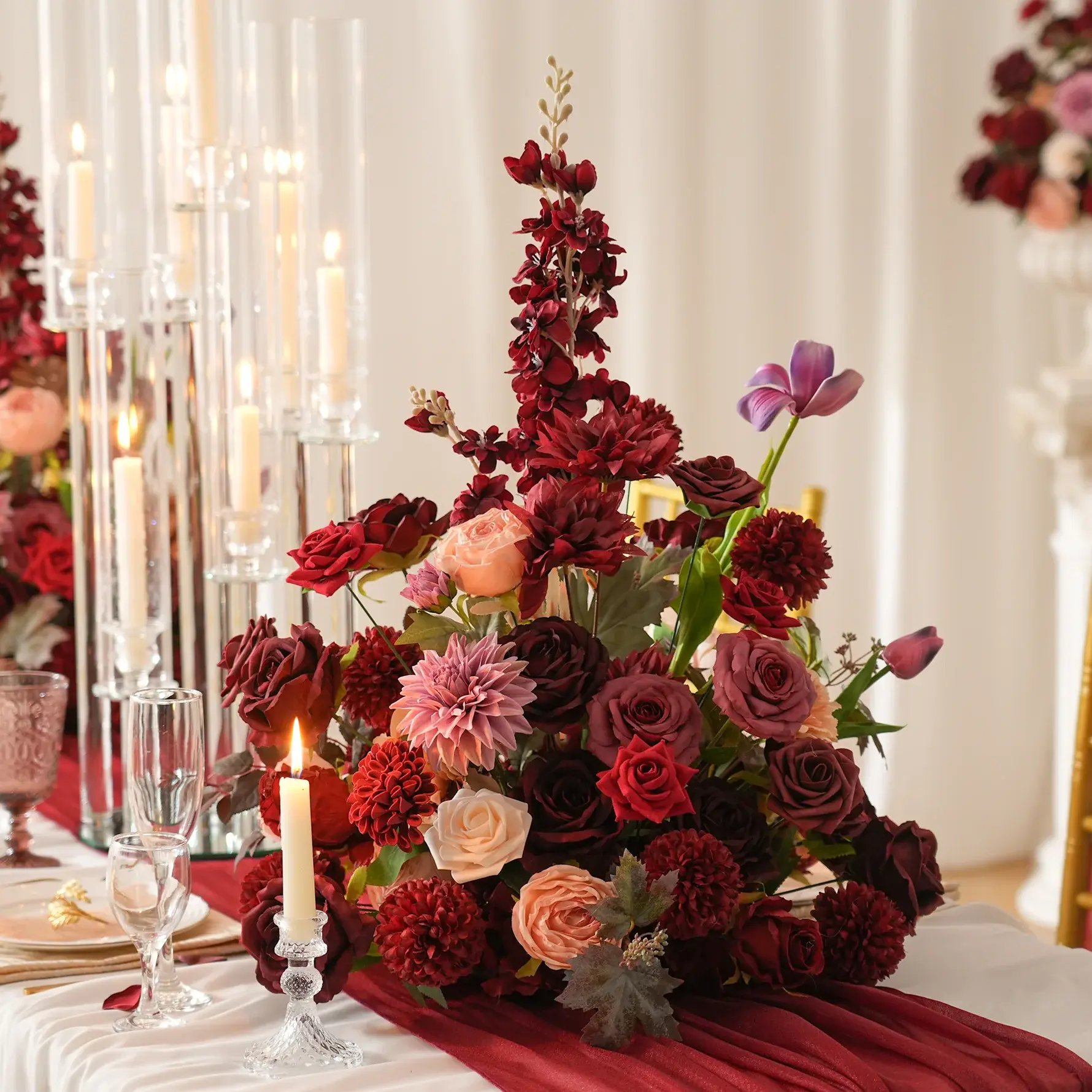 2-Piece Silk Foam Floral Arrangements, 1.64x1.96 ft A9058 Burgundy Mixed Blooms Aisle Flower Table Centerpieces for Wedding Home Party Decor