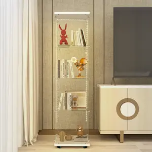 Bellemave Tempered Glass Display Cabinet with Bluetooth LED Light Strip Lockable Door on Casters for Living Room Bedroom Hallway Office White