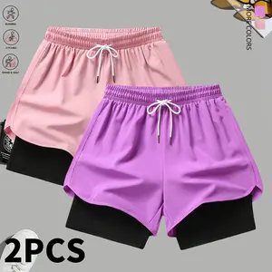 Women’s summer two-piece set: shorts and double-layer synthetic leggings; breathable, quick-drying base layer leggings suitable for yoga, fitness, and other sports.