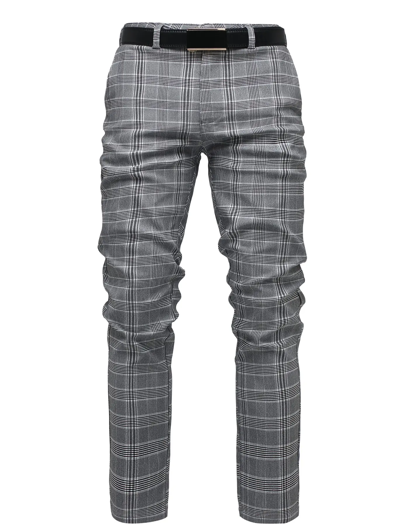 Men's Fitted Houndstooth Plaid Checked Suit Pants Belt, High-Quality Versatile Formal Wear Business Long Pants, Comfortable Breathable Silver Color, All Seasons Trousers, Business Bottoms, Business Work Trousers