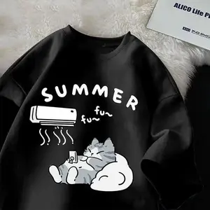 Cartoon Cute Cat Graphic Tees Women's Casual Crew Shoulder Short Sleeve T-shirt Summer Loose