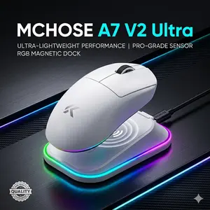 MCHOSE A7V2 ULTRA PLUS Wireless Gaming Mouse with Magnetic Charging Dock, PAW3950TI Sensor 42000 DPI, Dual 8000Hz Polling Rate, 59g Ultralight, 3-Mode Connection, Omron 100M Switches, for FPS/MOBA Gamers & Office