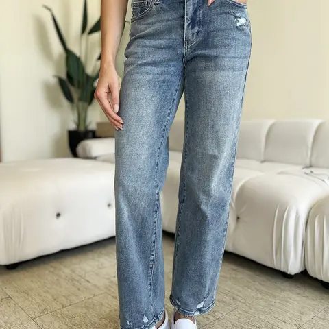 Judy Blue Mid Rise Distressed Straight Jeans