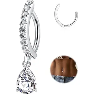 YADOCA 14G Clicker Belly Rings 316L Surgical Steel Dangle Belly Button Ring CZ Teardrop Pendant Navel Rings Barbell Body Piercing Jewelry