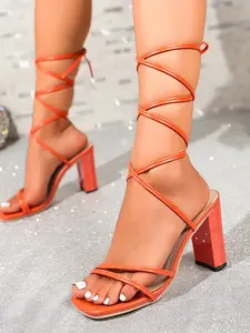 2026 Summer New Fine Heel High Heel Large Size Export Women's Shoes, Sexy Square Toe Crisscross Open Toe Cross Strap Sandals, Fashionable Footwear for Ladies, Crossed Strap Sandals, Elegant Heeled Sandals