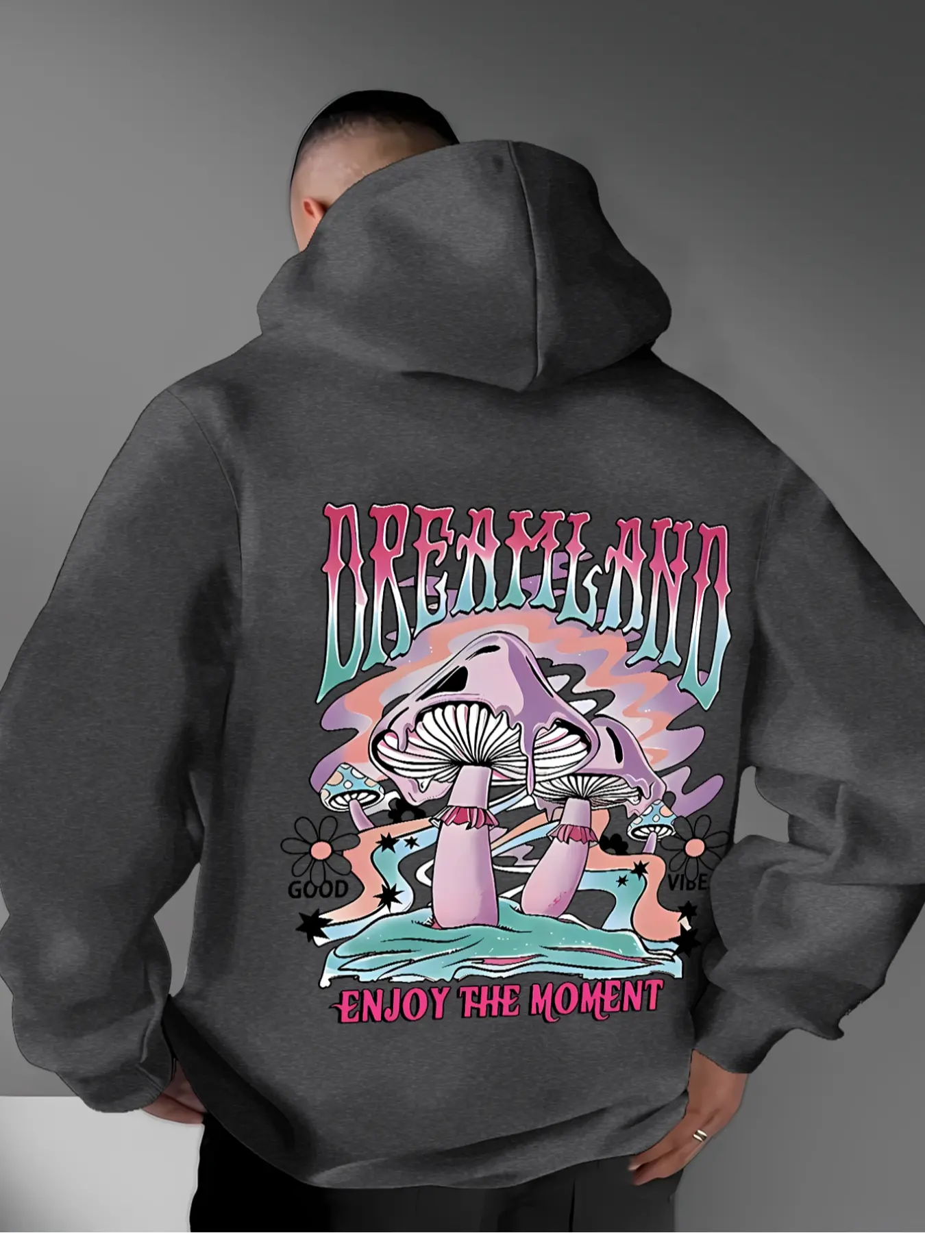 Men's Casual Solid Color Hoodie, Drawstring Pocket Long Sleeve Pullover, Fitted Streetwear with Mushroom Print, Fall & Winter Fashion Sweatshirts, Hooded Pullover Sweatshirt