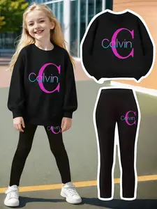 Girls' Calvin Print Casual Set, 2-Piece Fitted Top & Bottoms, Cartoon Pattern, Spring & Fall Wear, Effortless Daily Wear, Perfect Christmas Gift