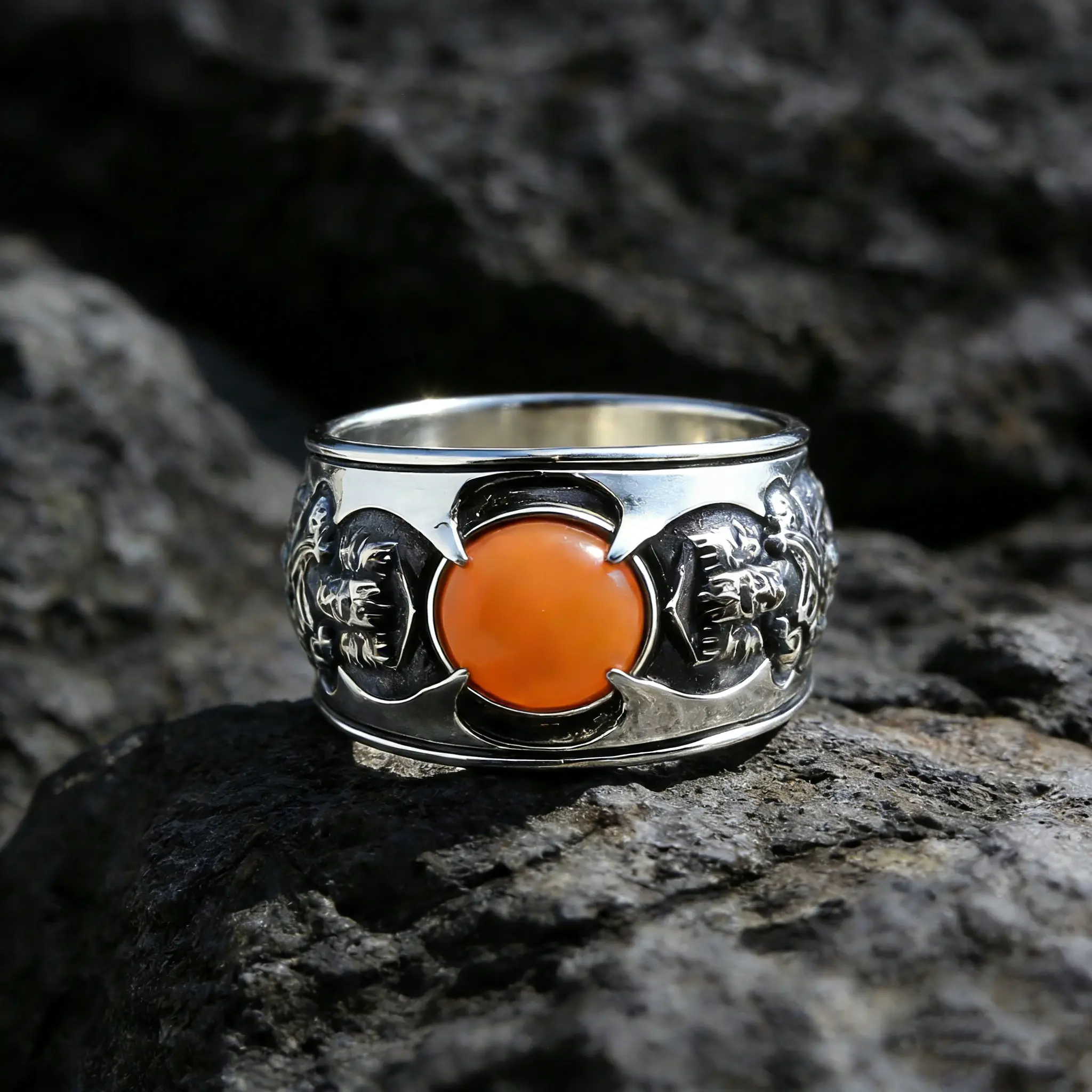 A vintage ring inspired by Celtic mythology, featuring an antique-finish metal coating. The wide, substantial band is engraved with symmetrical guardian totems, faithfully recreating the Ring of Isildur and Talion, the One Ring.