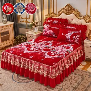 Floral Print Thickened Bedskirt Set, 3 Counts/set Including 1 Bed Skirt & 2 Pillowcase without Filler, Warm and Soft Decorative Bedding Set for Bedroom
