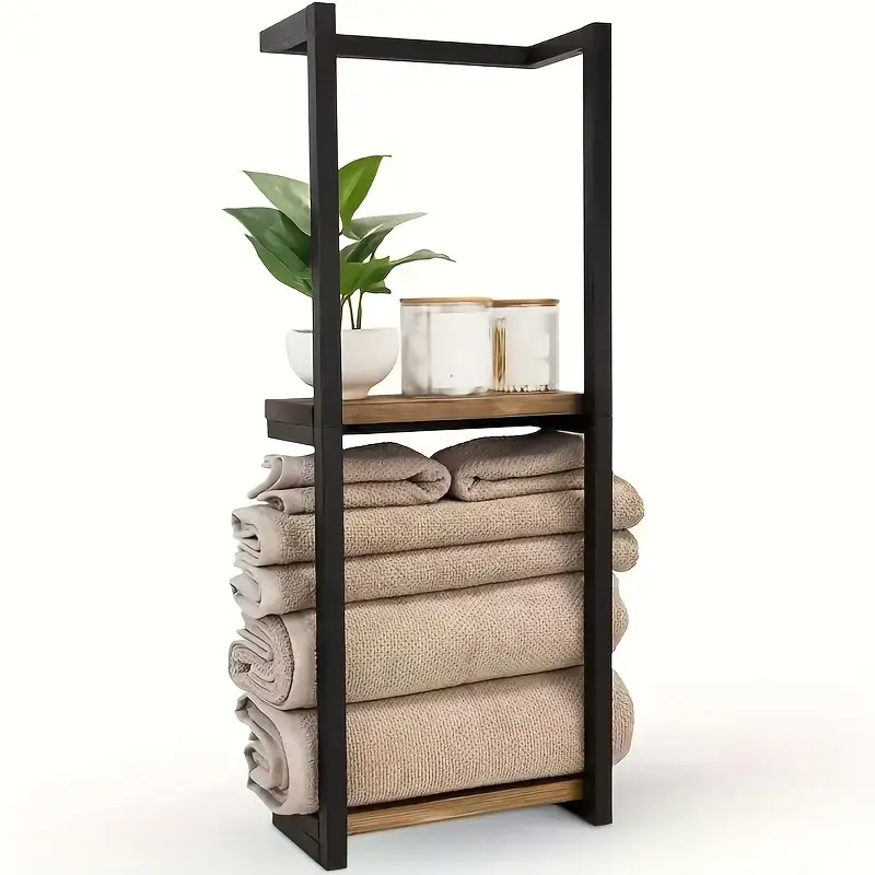 2-Tier Bathroom Towel Rack with Shelf - Wall-Mounted Towel and Essentials Storage Rack | Modern Bathroom with Elegant Metal and Wood Design, Wall-Mounted Towel Storage Rack