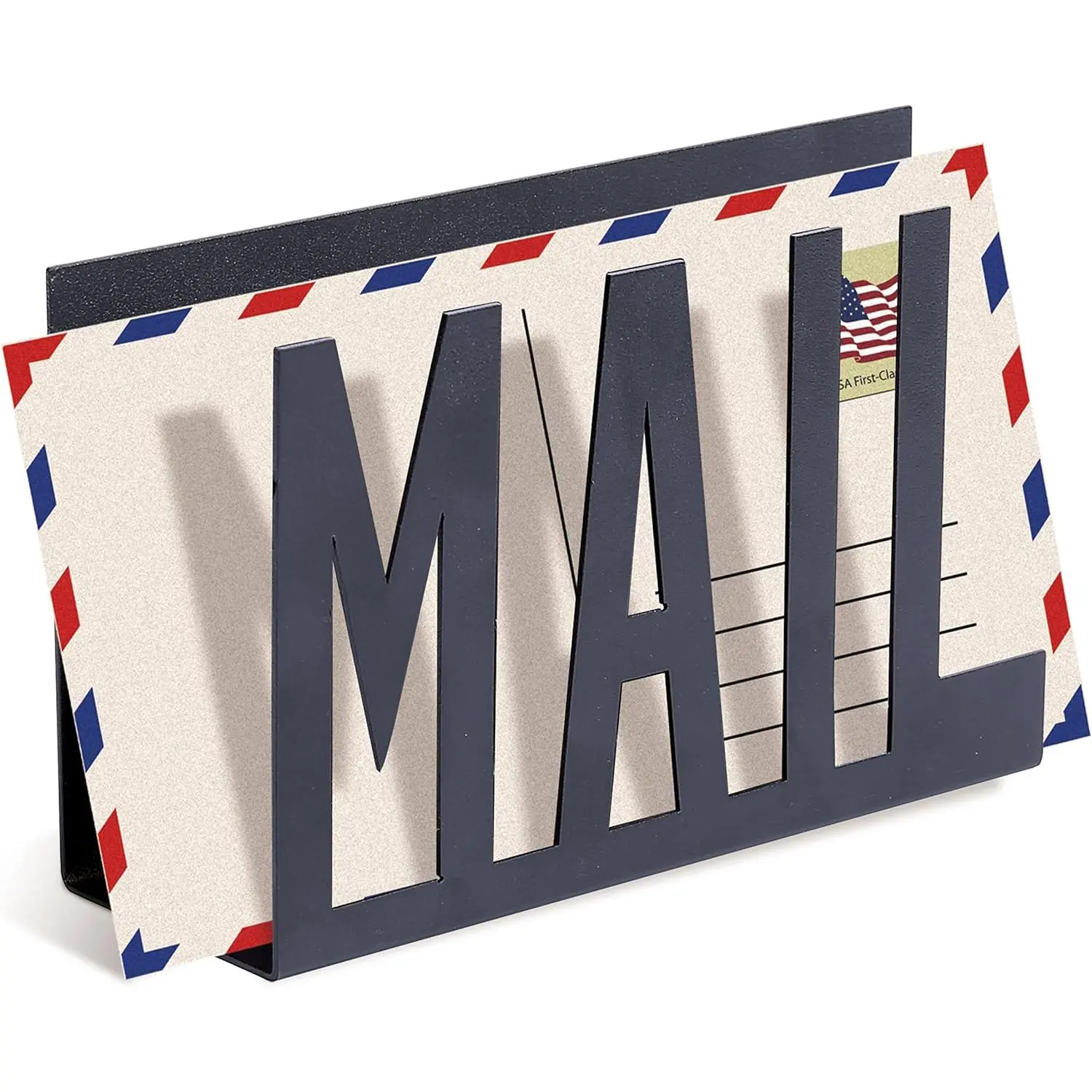 Modern Black Metal Stable Mail Stand - Countertop Desk Organizer with Cutout Mail Lettering Design, Office Envelope & Document Storage Rack, Home Decor Decor Accessories with Studio Look, 6X4 In