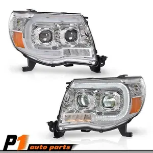 Fit For 2005-11 Toyota Tacoma Chrome LED Tube Dual Projector Headlights Pair