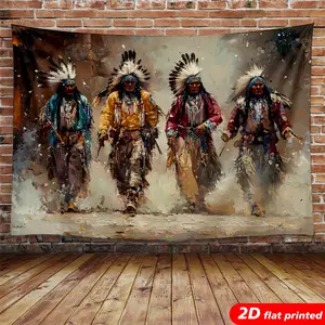 2D Flat-Printed Polyester Native American Tapestry Wall Hanging, Indian Warrior Oil Painting Design, Home Decor Backdrop for Living Room, Bedroom, Ideal Gift, Studio Prop & Post Ideas