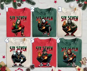 [6 7 Xmas Matching] Funny 67 Halloween Shirt, Six Seven Shirt, 6 7 Halloween Movie Characters Shirt, Trending Christmas Shirt, Merry Creepmas T-Shirt, Funny 6 7 Christmas Cotton Menswear Top