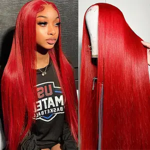 Hot Red 13X6 HD Lace Front Human Hair Wigs Pre plucked Straight Colored Lace Frontal Wigs With Baby Hair For Women 180% Density