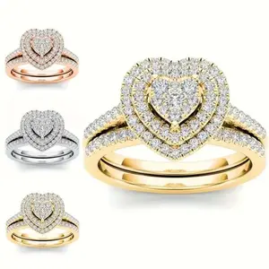 Women's Multi-Layered Cubic Zirconia Heart Artificial Gemstone Stackable Ring - Trendy, Elegant Fashion Ring, Fashionable Jewelry Accessory, Romantic Jewelry Gift for Daily Wear, Trendy Jewelry