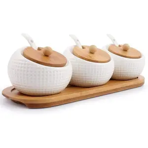 White Porcelain Spice Storage Containers Set - 3-Piece 170ML (5.8OZ) Oven-Safe Seasoning Jars with Bamboo Lid Rack, Ceramic Serving Utensils, Wooden Tray for Home Kitchen Countertop
