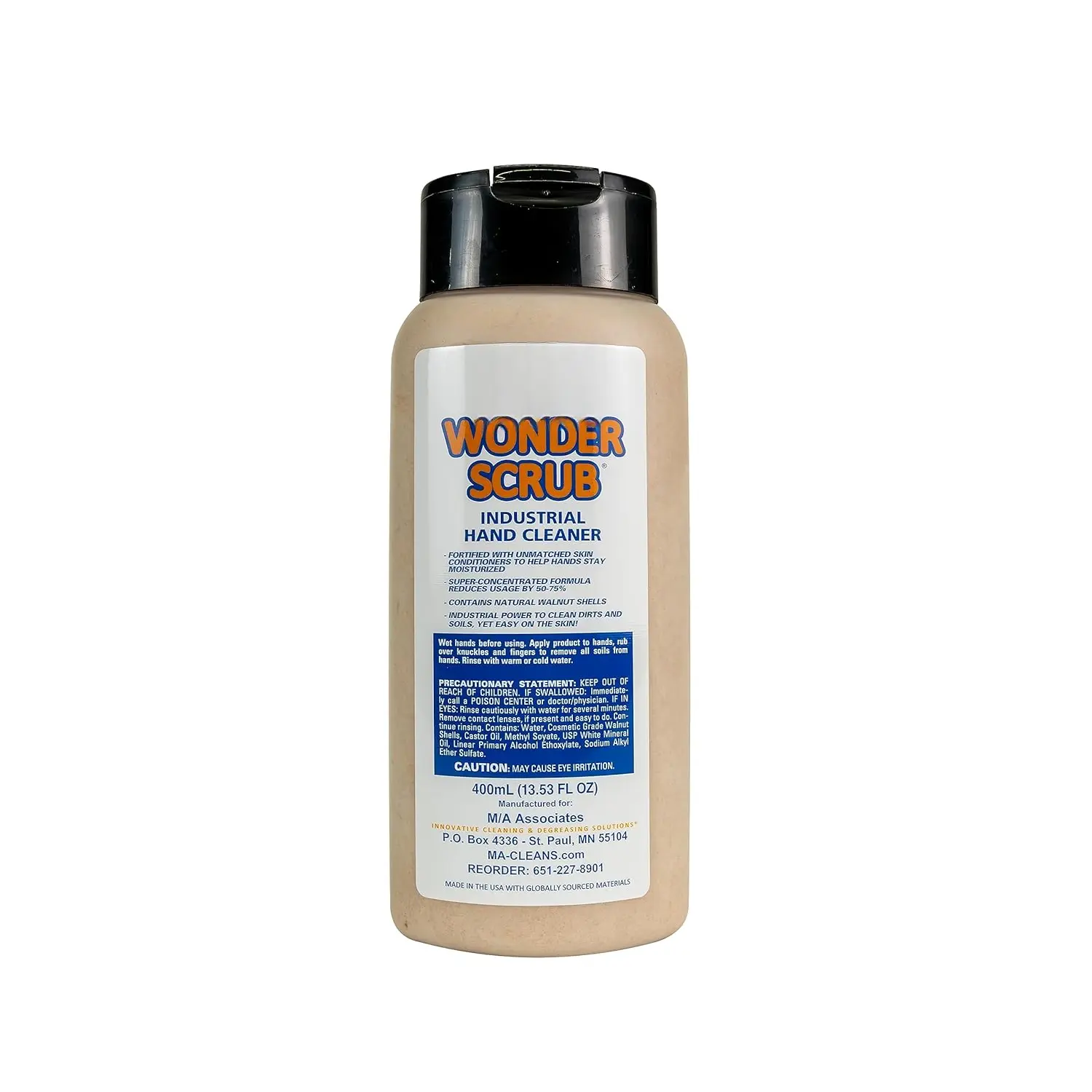 Wonder Scrub Industrial Strength Mechanic Hand Cleaner - Walnut Shell Soap, 400ml Bottle, Eco-Friendly Home Care Solution with Moisturizing Conditioners for Auto Mechanics, Construction Workers, Dirt Removal in Cold Weather Climates, Diy'ers