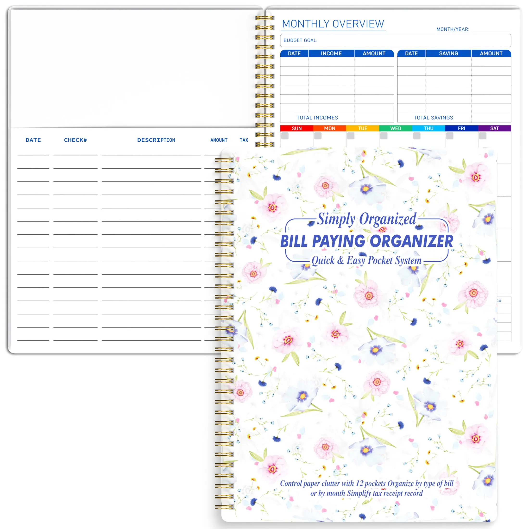 A4 Bill Paying Organizer with 12 Pockets Quick Pocket System, Monthly View Debt & Bill Tracking, 180gsm Thick Paper, Waterproof Cover, Twin-Wire Binding, Elegant Floral Print, Accounting Binder Supplies for Organized Tax Receipt Records