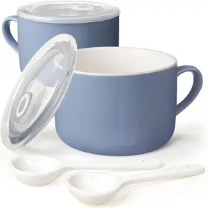 Soup Bowls with Handles & Spoons, 30oz Ceramic Ramen Bowl with Lid, Large Soup Mugs/Cups for Instant Noodle, Big Cereal Bowls for Oatmeal, Soup Containers with Lids, Set of 2, Sky Blue