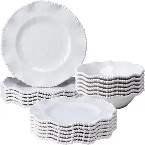Creamy Dinnerware Sets, Set of 6,18 piece Farmhouse and Set, Lightweight, BPA-Free Scalloped Rim Dishes Dinner Serving Set for Indoor & Use, off-white
