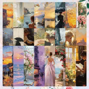 Romantic Vintage Oil Painting Series Sunset Bookmark, 24pcs/set Creative Paper Bookmark, Reading Bookmark for Home School Office Dormitory