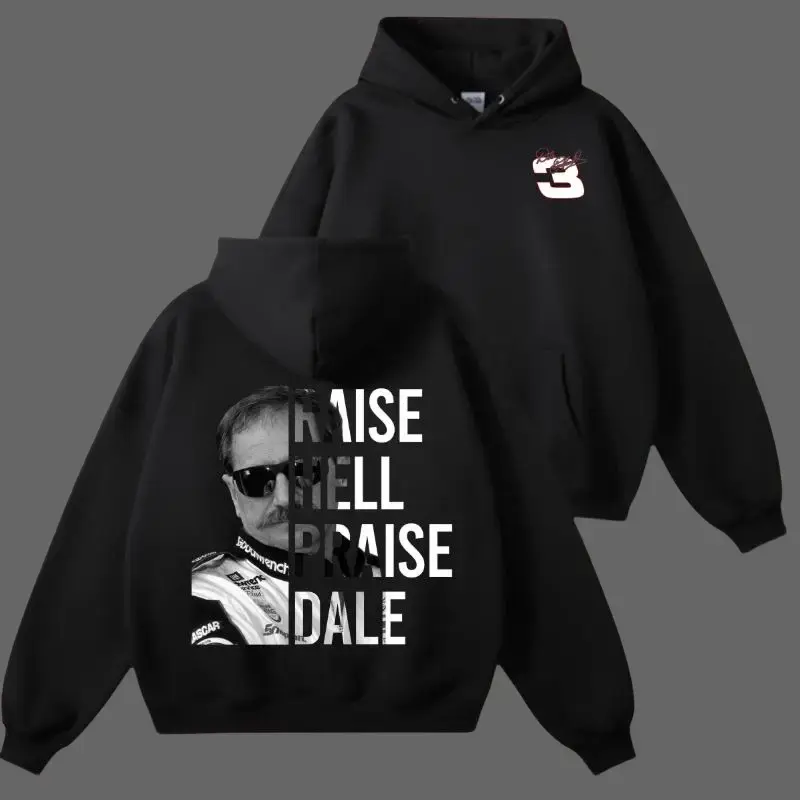 "Raise Hell Praise Dale" Intimidator No.3 Hoodie Sweatshirt T-Shirt – Vintage Racing Icon Apparel, Raise Hell Praise Dale Quote Graphic, Classic Motorsports Legacy Design,  Unisex Hoodie Crewneck Tee, Gift for Racing Fans