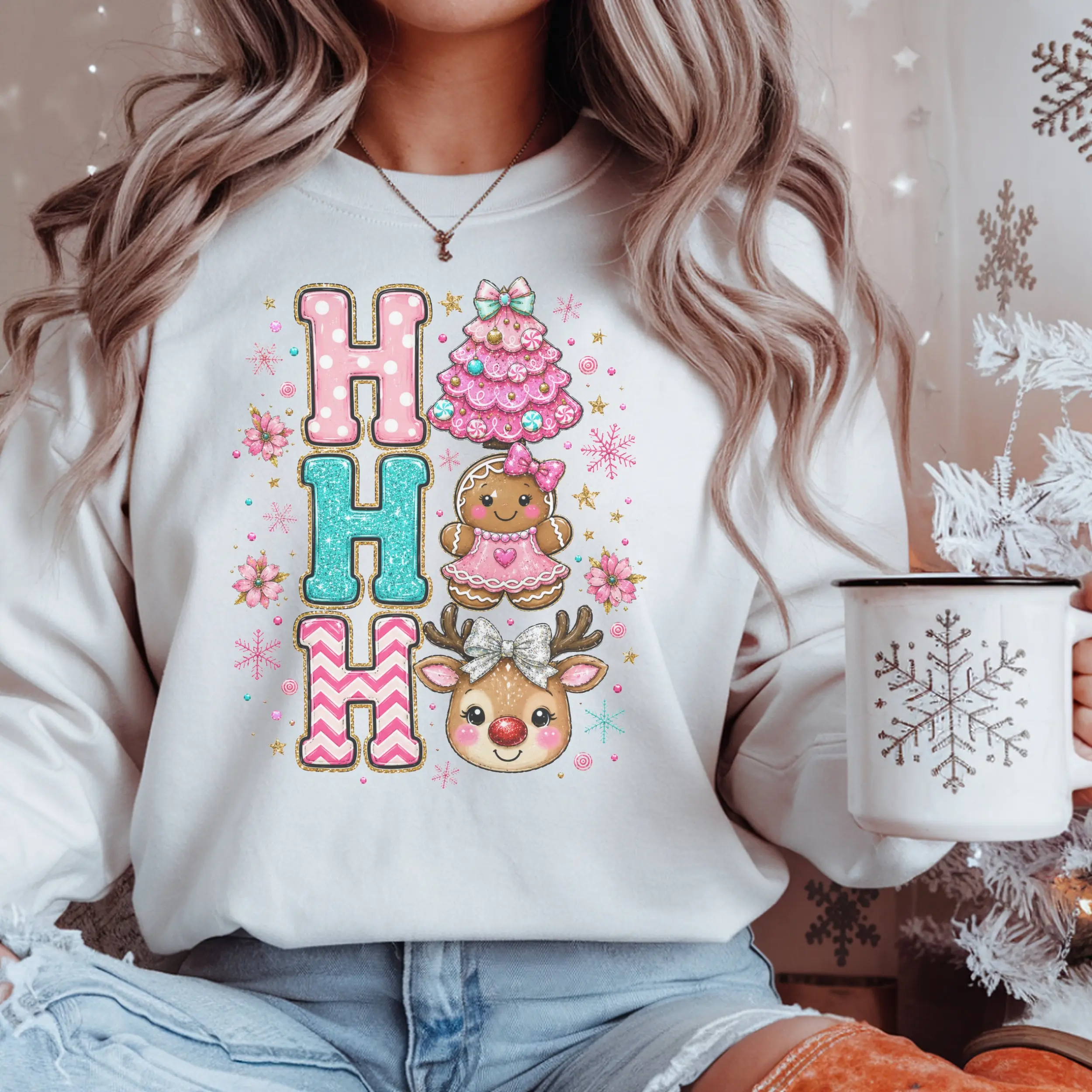 Christmas Pink HO HO HO Crewneck Sweatshirt — Cute Gingerbread, Reindeer & Holiday Tree Graphic