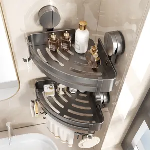 (Attention:  Installation Video and Environment)Gun Gray Aluminum Corner Shower Caddy with Strong Suction Cups, No-Drill Installation, Rustproof Triangular Shelf with Drainage & Hooks for Bathroom Storage