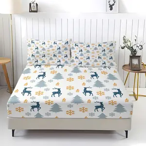 3-piece Christmas reindeer and pine tree pattern fitted sheet Bed Sheets Set, including 1 bed sheet and 2 pillowcases,anti-slip dust cover suitable for bedrooms and guest rooms,perfect for personal use or as a Christmas gift