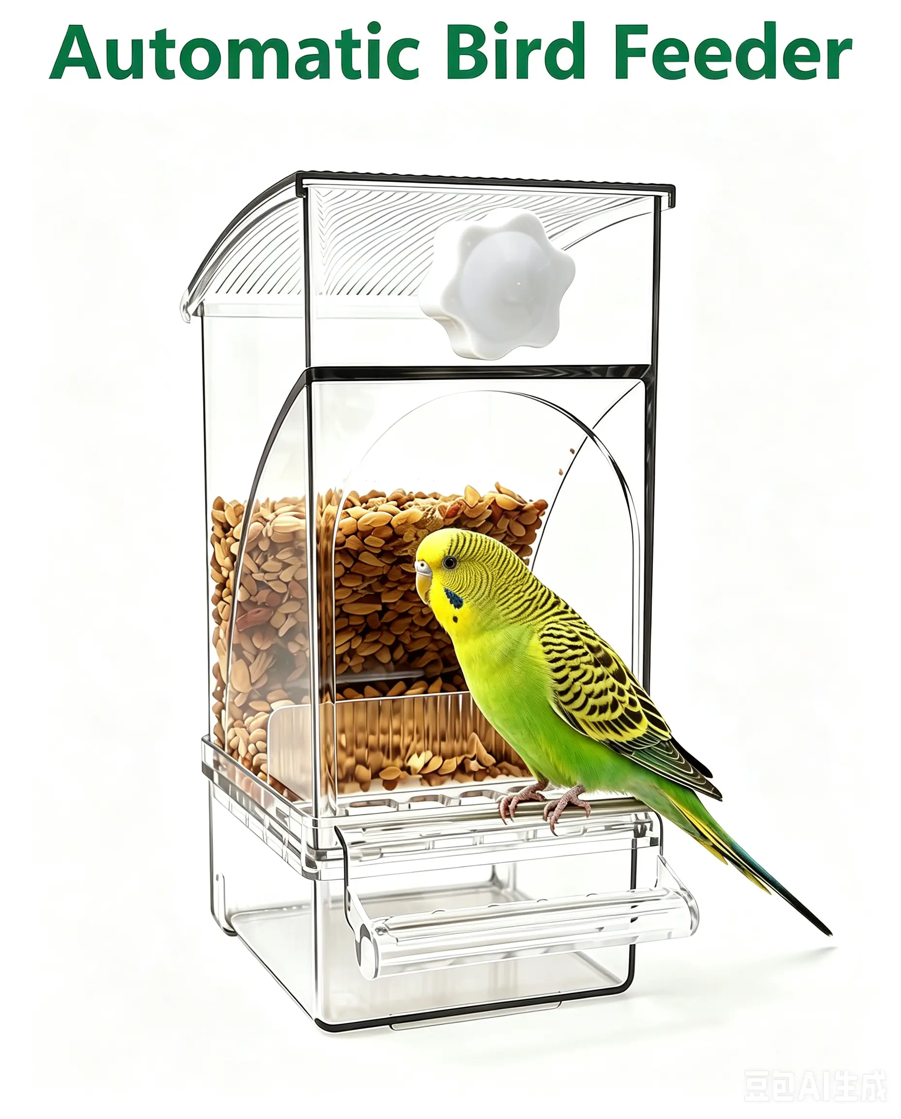No Mess Automatic Bird Feeder for Cage, Clear Acrylic Parrot Food Container with Perch, Smart Seed Feeder Cage Accessories for Budgies, Parakeets, Lovebirds, Cockatiels