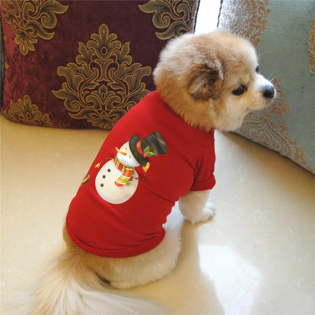 Christmas Clothes for Pets - Red Shirt with Snowman Design for Dogs and Cats