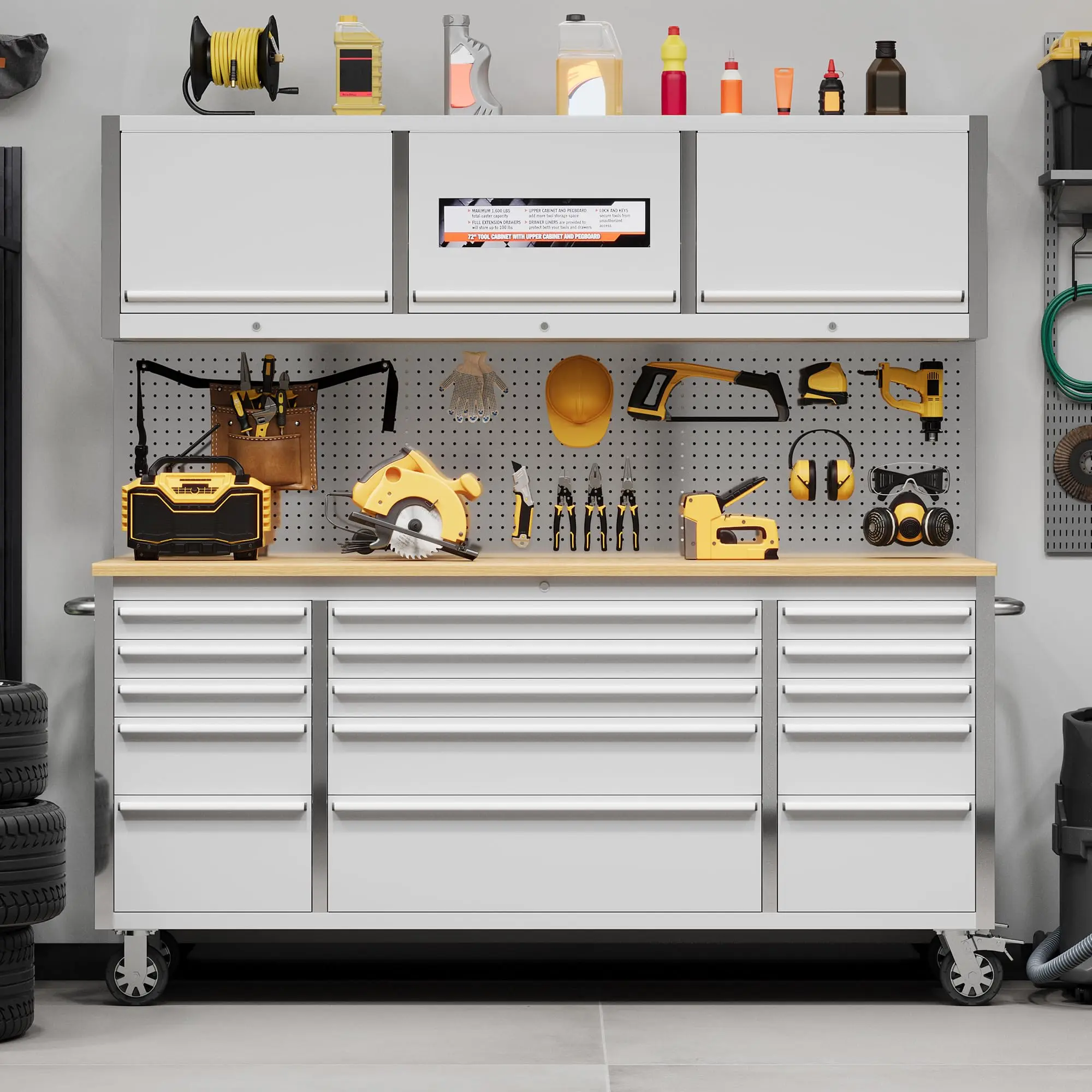 Garvee Upgraded Rolling Tool Cabinet, Heavy-Duty 72-Inch Stainless Steel, 15 Lockable Drawers, 3 Cabinets, Rubber Wood Worktop, Pegboard, Drawer Liners, Equipped with Wheels, Large Mobile Storage Organizer for Garage, Workshop
