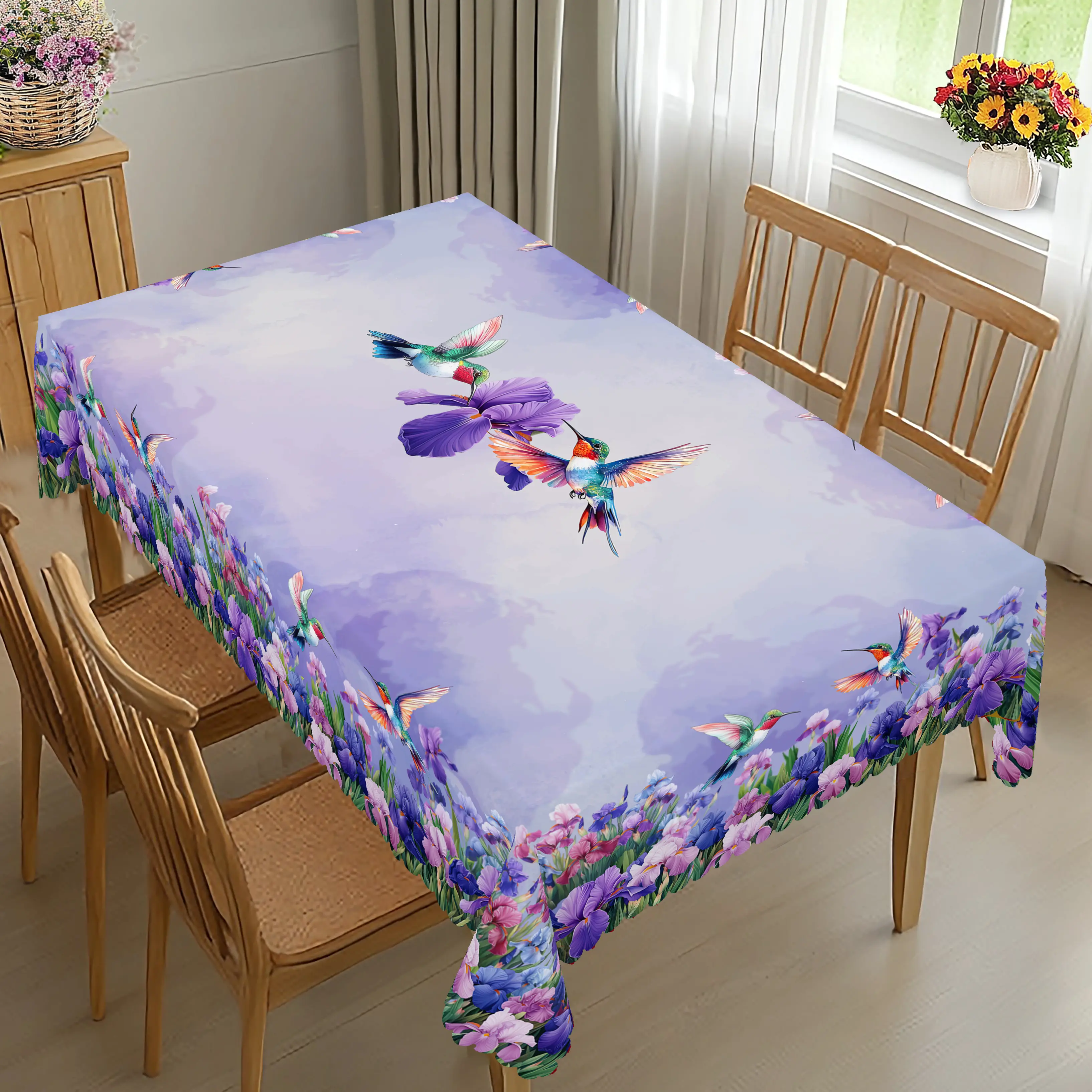 XEXSIN Waterproof Hummingbird Animal Art Deco Polyester Tablecloth - Purple Round & Rect., Small Fresh Garden-Farmhouse Room Decor, for Kitchen Dining Tables, Birthday Parties