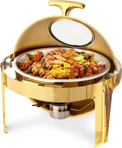 ROVSUN 6 QT Round Chafing Dish Buffet Set, Roll Top NSF Stainless Steel Buffet Warmer Chafers and Buffet Warmers Sets with Thick Frame for Catering Events Parties Weddings Dinners,Gold