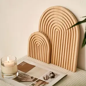 2pcs Boho Wooden Rainbow Arches Home Decor Set, Natural Wood Grain, Living Room, Bedroom, Kitchen, Office Shelf & Table Decor, Pine Material